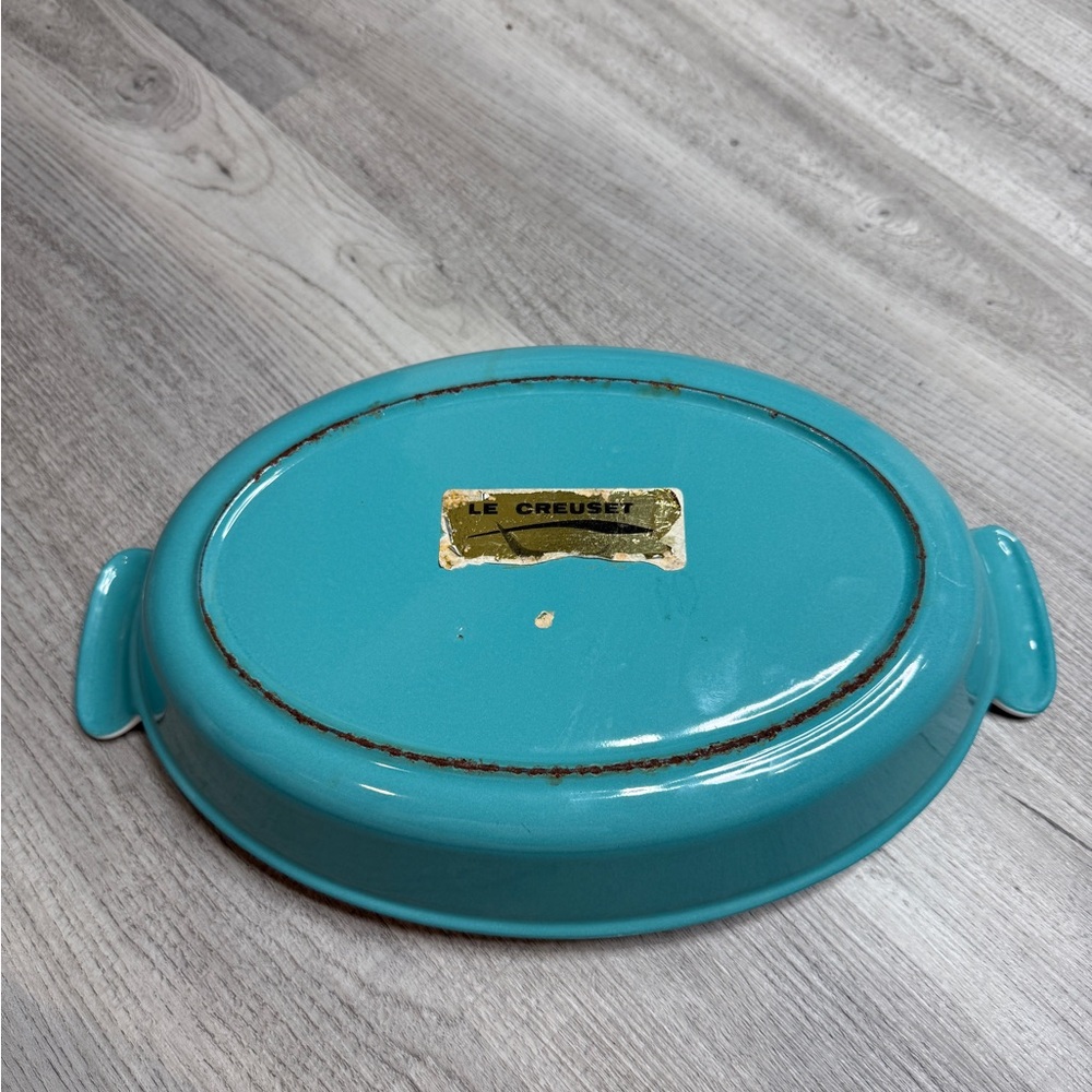 Vintage HTF  Le Creuset PARIS BLUE OVAL  enameled Cast Iron Turquoise Au Gratin